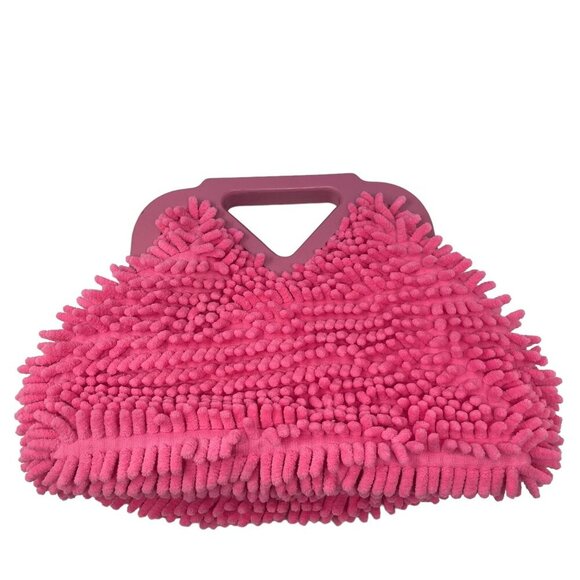 Pink Chenille Handbag Wooden Handle Soft Fluffy Bubblegum Princess - Picture 2 of 5